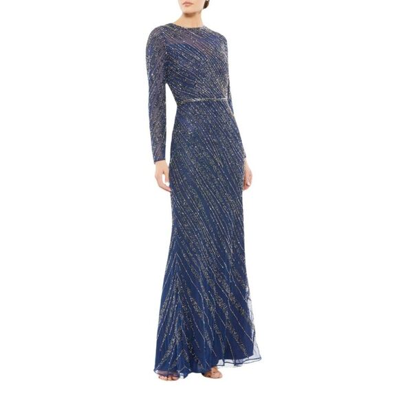 $598 Mac Duggal 5240 Size 8 Dark Blue Long Sleeve Column Gown Maxi Dress Navy - Picture 2 of 4